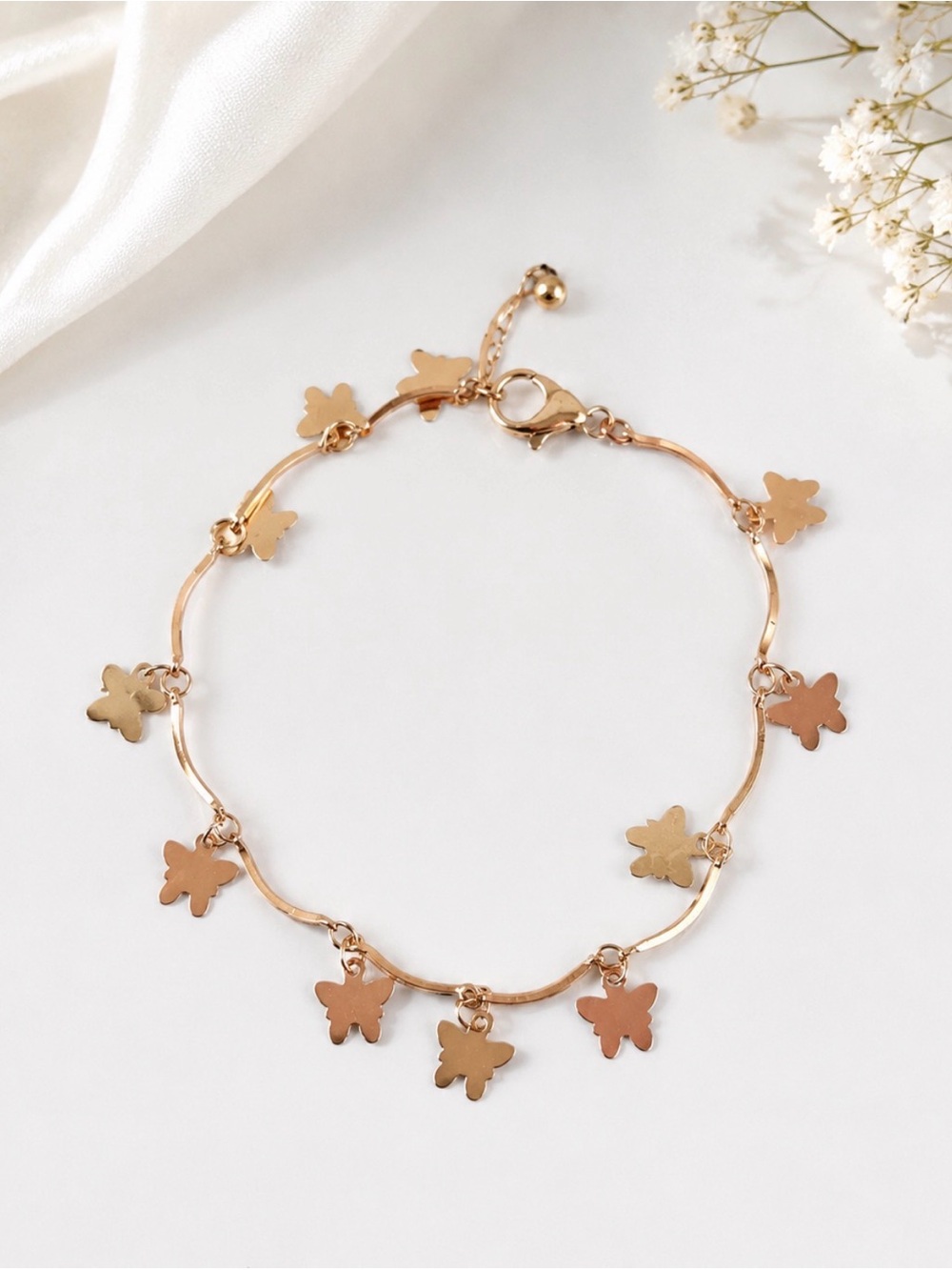 Women’s Rose Gold Butterfly Charm Metal Bracelet Lobster Closure Clip